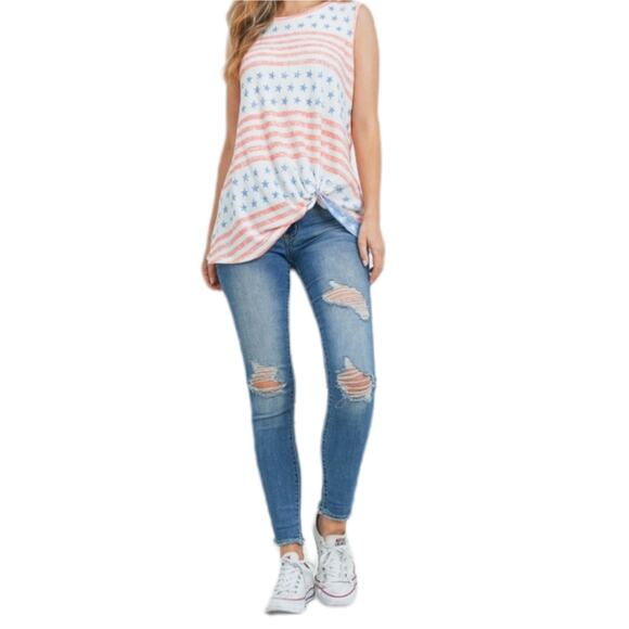 LIBERTY PATRIOTIC Americana Stars Stripes Knot Sleeveless Tank Summer XL - Picture 3 of 13